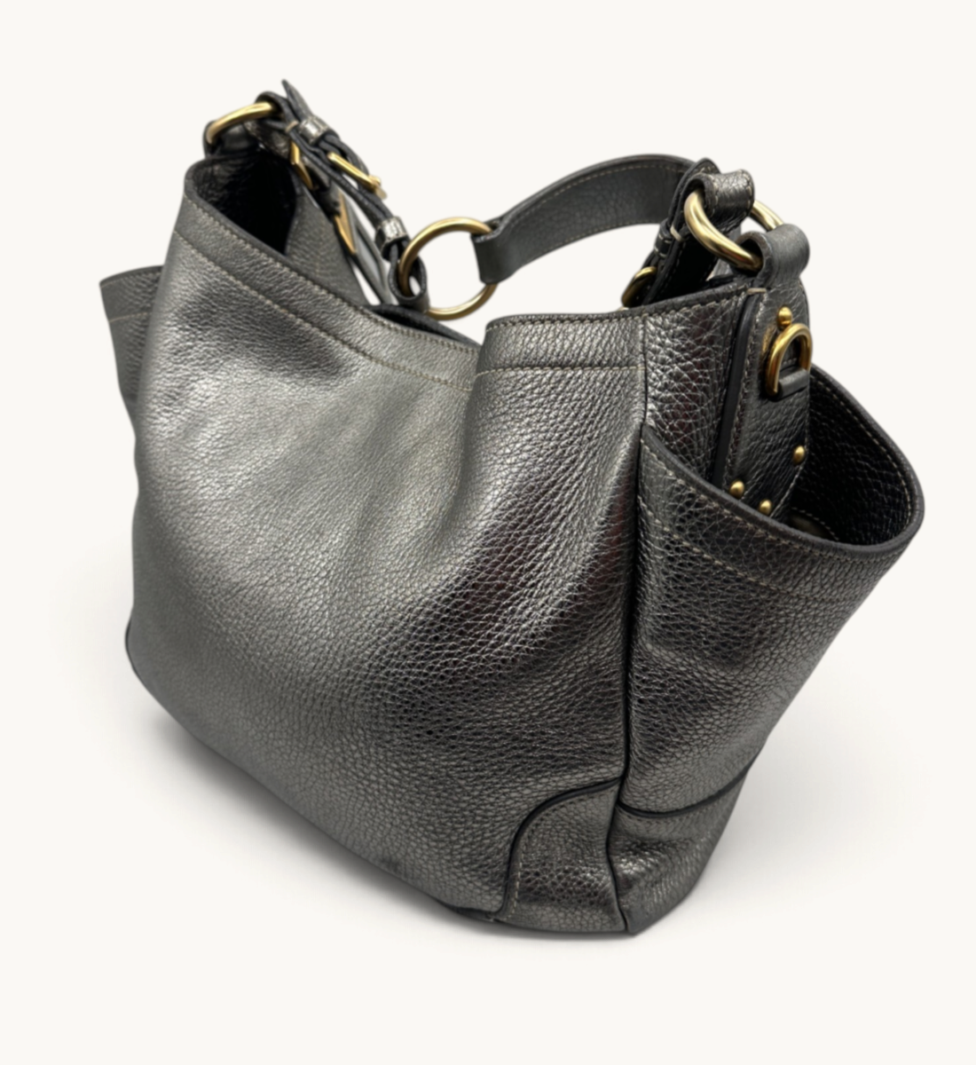 Vitello Daino Side Pocket Hobo Silver Handbag
