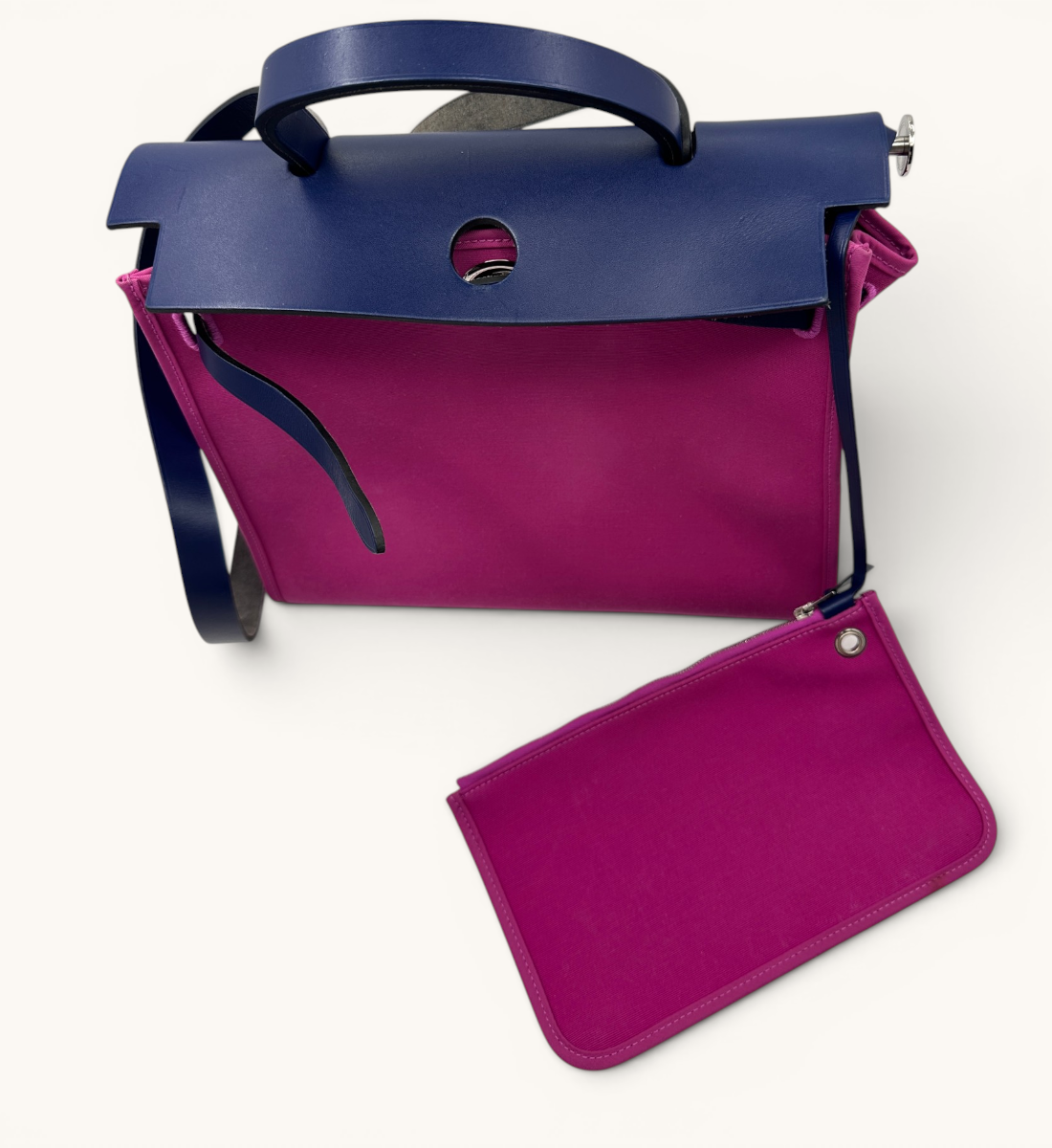 Hermès Herbag Zip 31 Fuchsia Toile Canvas & Navy Leather Handbag