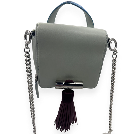 Kenzo · Kenzo Paris · mini bag · top handle bag · crossbody bag · tassel bag · colour block · grey leather bag · chain strap · designer handbag · second hand luxury · prabangios rankinės · naudota rankinė · Kenzo originali