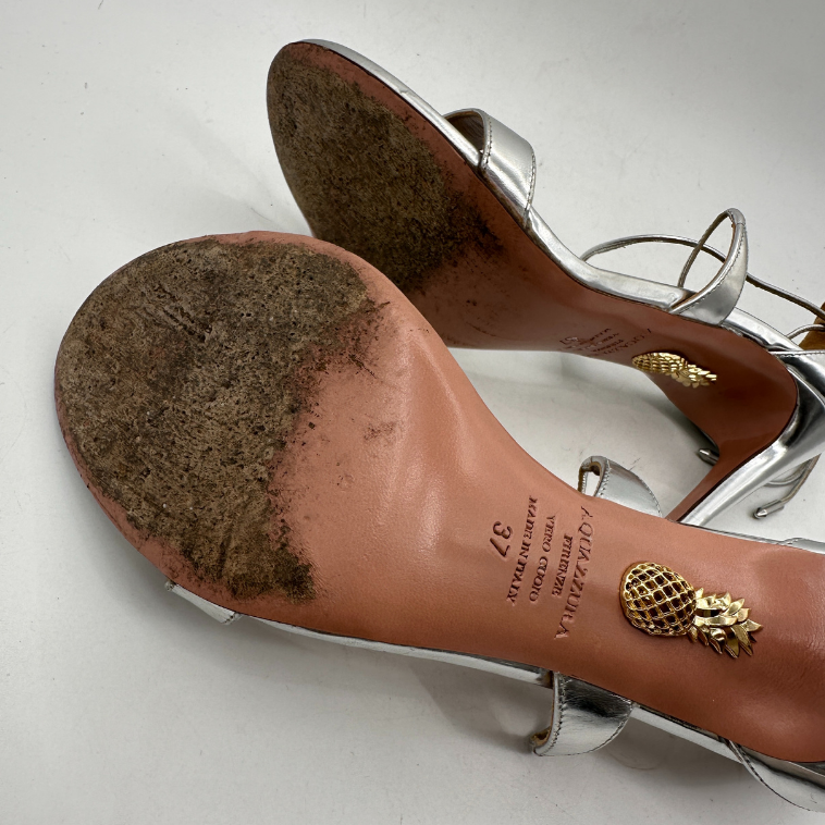 Aquazzura Linda 105 Silver Leather Ankle Tie Sandals – &goodagain